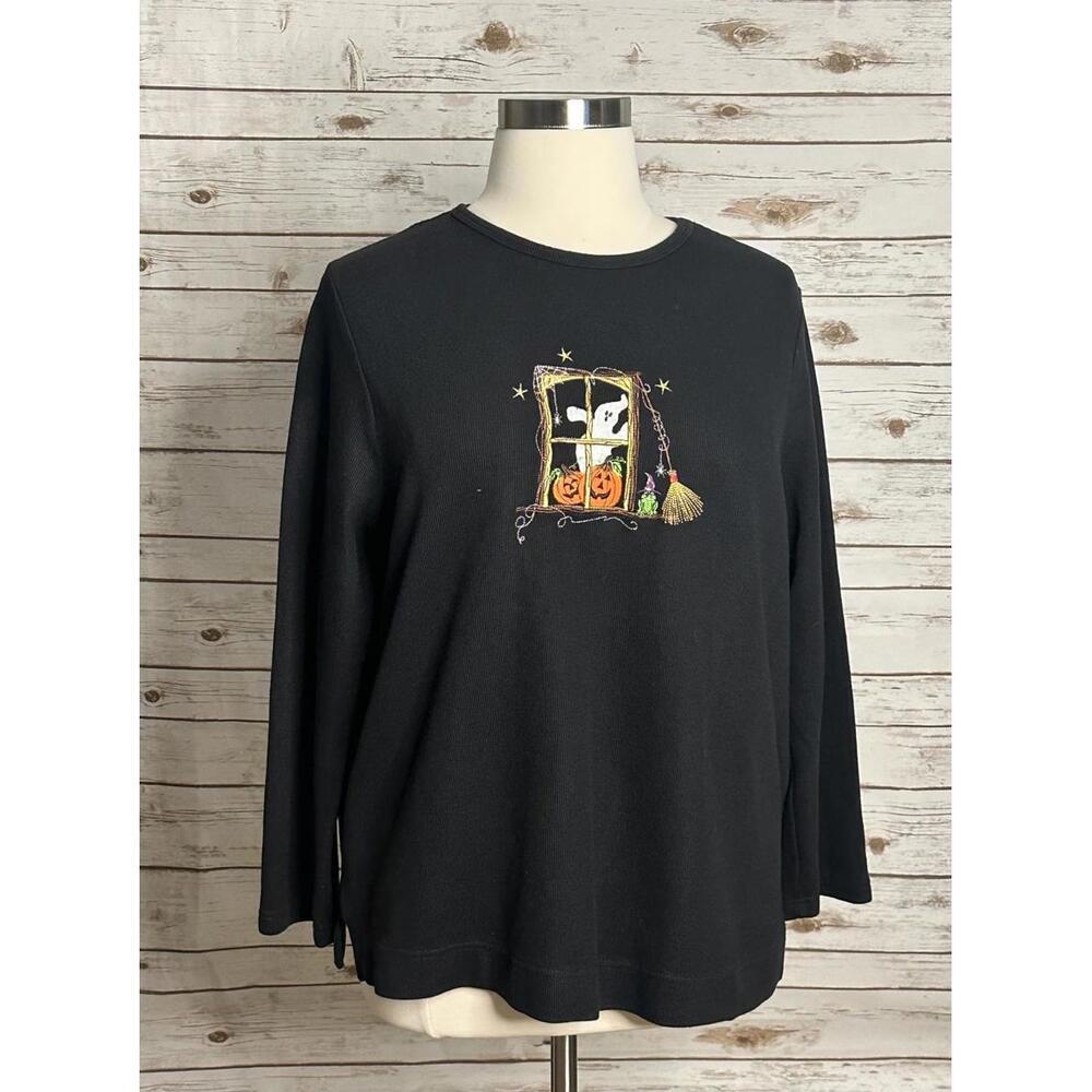 White Stag black ribbed long sleeve Halloween embroidered top Size 18W/20W